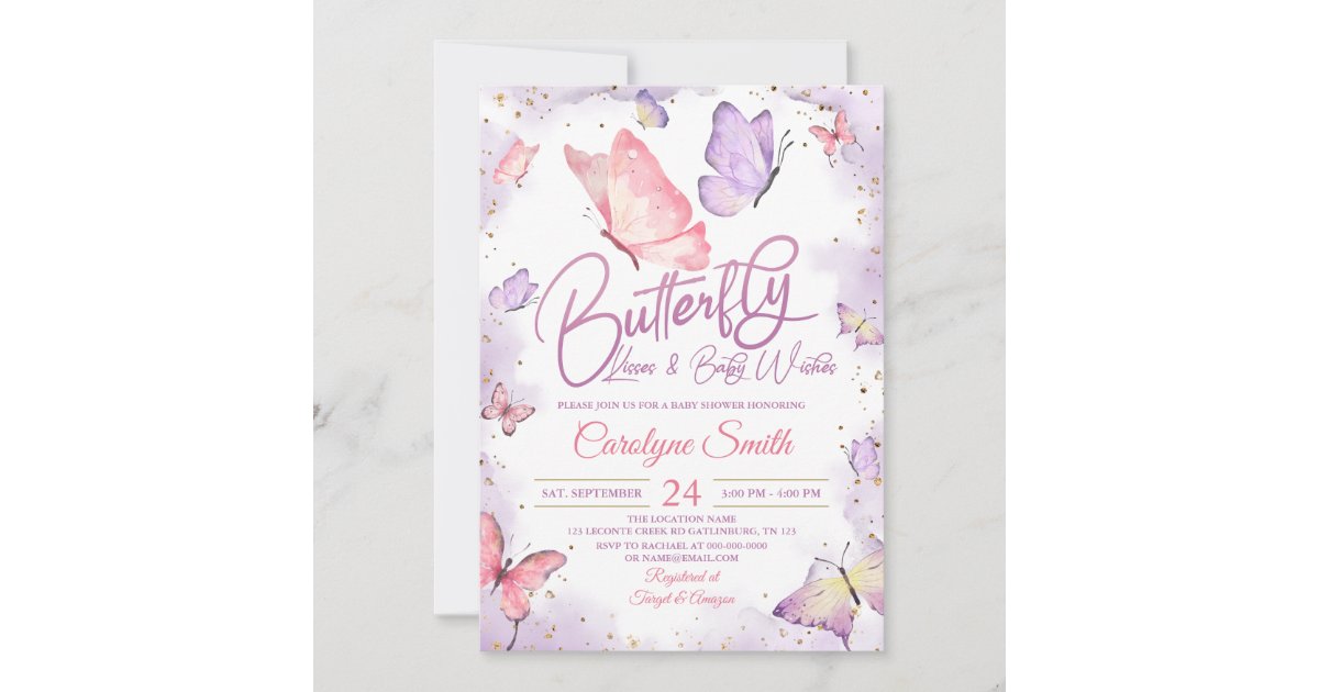 Purple Butterfly Kisses & Baby Wishes Baby Shower Invitation | Zazzle
