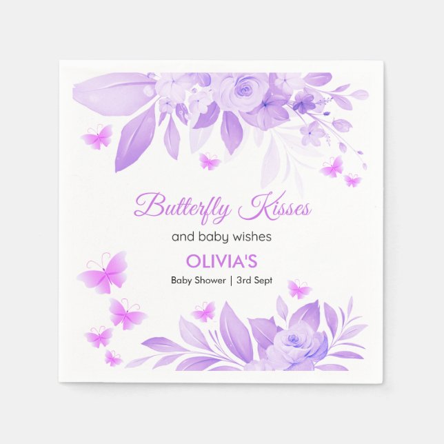 Purple Butterfly Kisses & Baby Wishes Baby Shower  Napkins (Front)