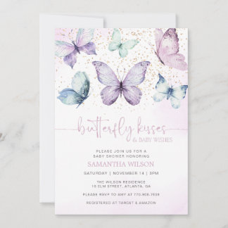 Purple Butterfly Kisses Girl Baby Shower Invitation