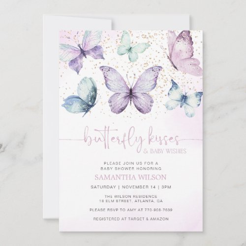 Purple Butterfly Kisses Girl Baby Shower Invitation