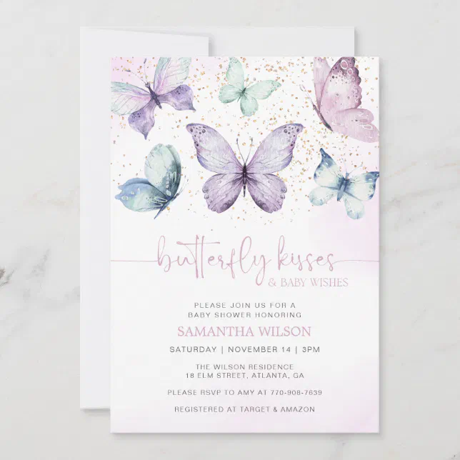 Purple Butterfly Kisses Girl Baby Shower Invitation | Zazzle