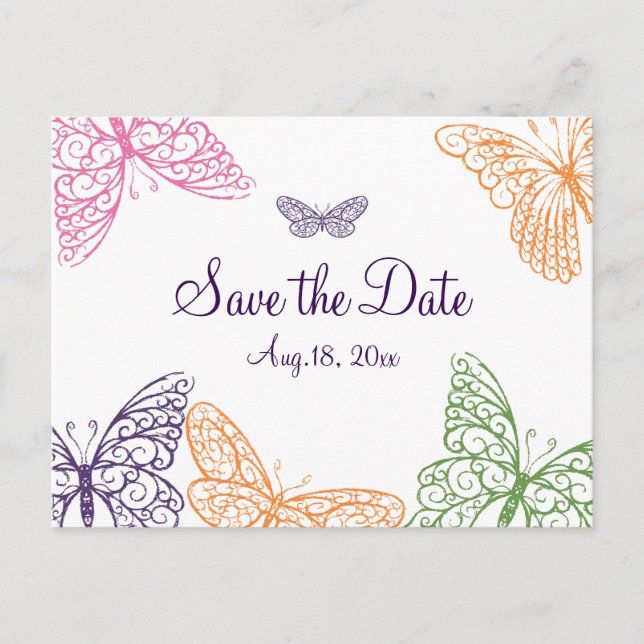 Purple Butterfly Kisses Save the Date Announcement Postcard (Front)