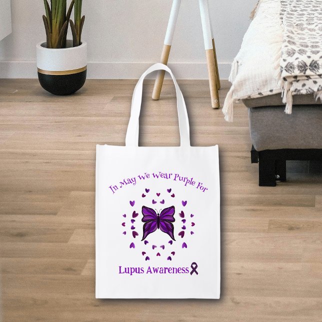 Purple Butterfly Lupus Awareness Purple Ribbon May Grocery Bag (Creator Uploaded)