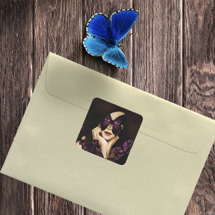 Purple Butterfly Masquerade Woman Elegant Fantasy Square Sticker