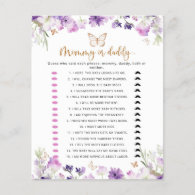 Purple butterfly mommy or daddy baby shower game