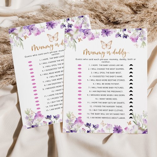 Purple butterfly mommy or daddy baby shower game