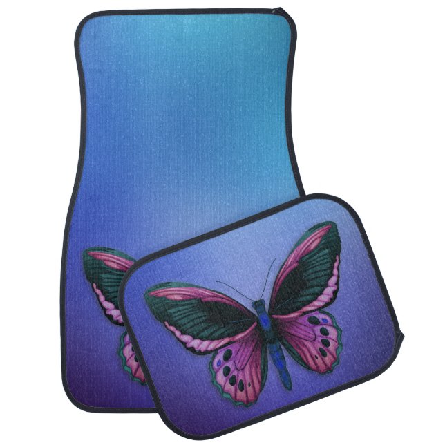 Purple Butterfly On Blue Car Mats (Set)