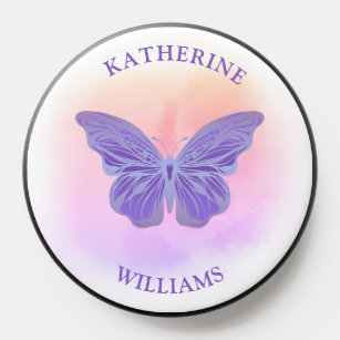 Purple Butterfly on Watercolor with Monogram Name PopSocket