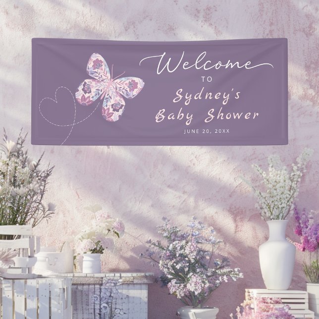 Purple Butterfly Personalized Baby Shower Welcome  Banner (Shown on a 2.5' x 6' banner)