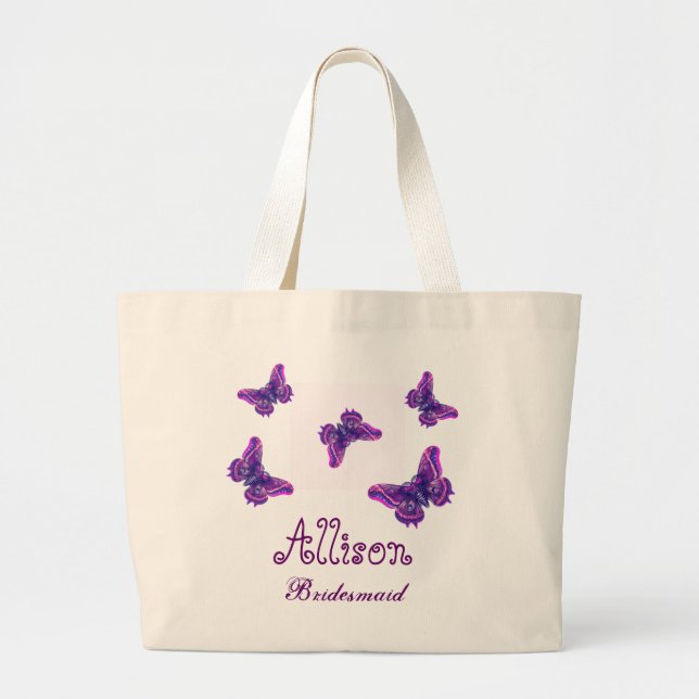 Purple Butterfly Personalized Name Bridesmaid Large Tote Bag (Front)