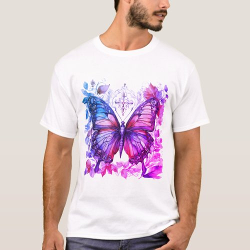 Purple Butterfly Pink Blue Christian Holy Cross T_Shirt