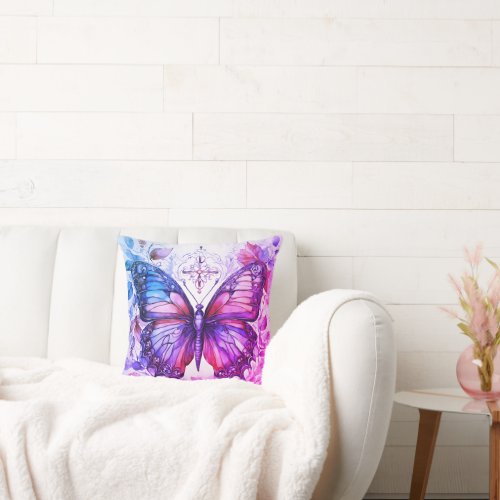 Purple Butterfly Pink Blue Christian Holy Cross  Throw Pillow