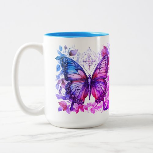 Purple Butterfly Pink Blue Christian Holy Cross Two_Tone Coffee Mug