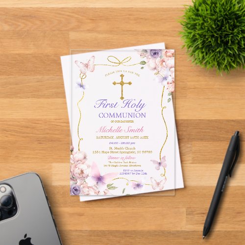 Purple Butterfly Pink Floral First Holy Communion