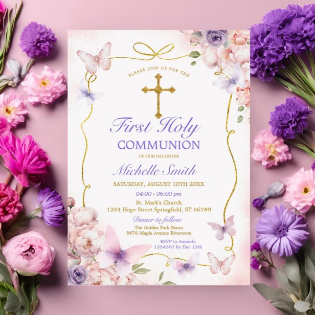 Purple Butterfly Pink Floral First Holy Communion Invitation (Creator Uploaded)