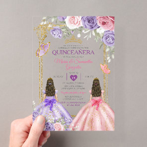 Purple Butterfly Pink Floral Twin Gold Quinceañera Acrylic Invitations
