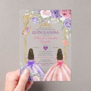 Purple Butterfly Pink Floral Twin Gold Quinceañera Acrylic Invitations