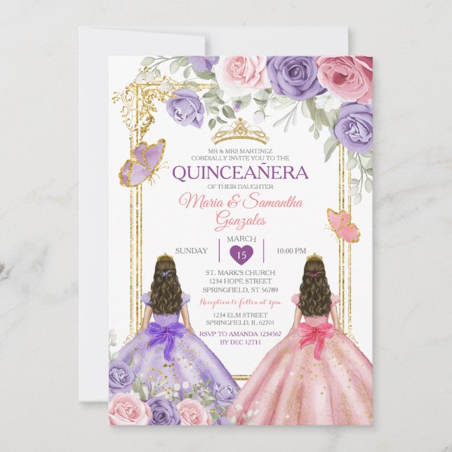 Purple Butterfly Pink Floral Twin Gold Quinceañera Invitation (Front)