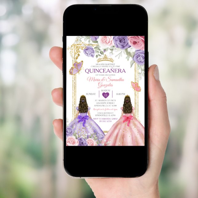 Purple Butterfly Pink Floral Twin Gold Quinceañera Invitation (Front Digital)