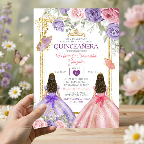 Purple Butterfly Pink Floral Twin Gold Quinceañera Invitation