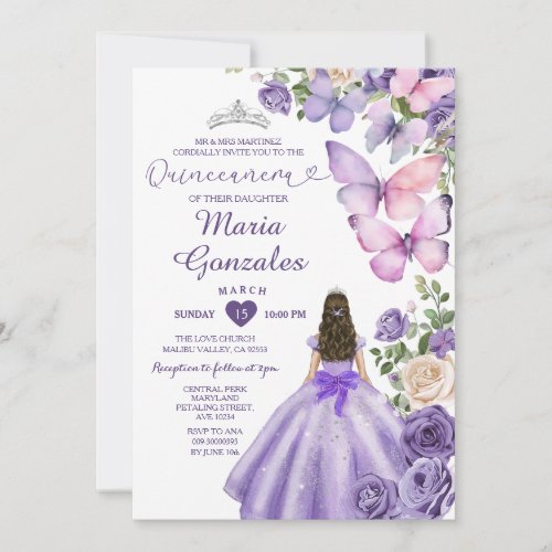 Purple Butterfly Princess Dress Floral Quincea&#241;era Invitation