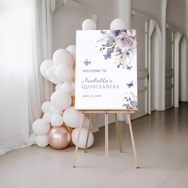 Purple Butterfly Quinceañera Celebration Welcome Foam Board (Creator Uploaded)
