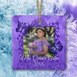 Purple Butterfly Quinceanera Personalized Ornament<br><div class="desc">Purple butterflies Quinceanera keepsake is versatile for plum,  violet,  lavender theme colors. Personalized / Custom Christmas ornament with Purple butterflies can easily be resized and repositioned on this commemorative gift. Photo ornament is a beautiful way to celebrate girl's 15th birthday,  or any other special celebration.</div>