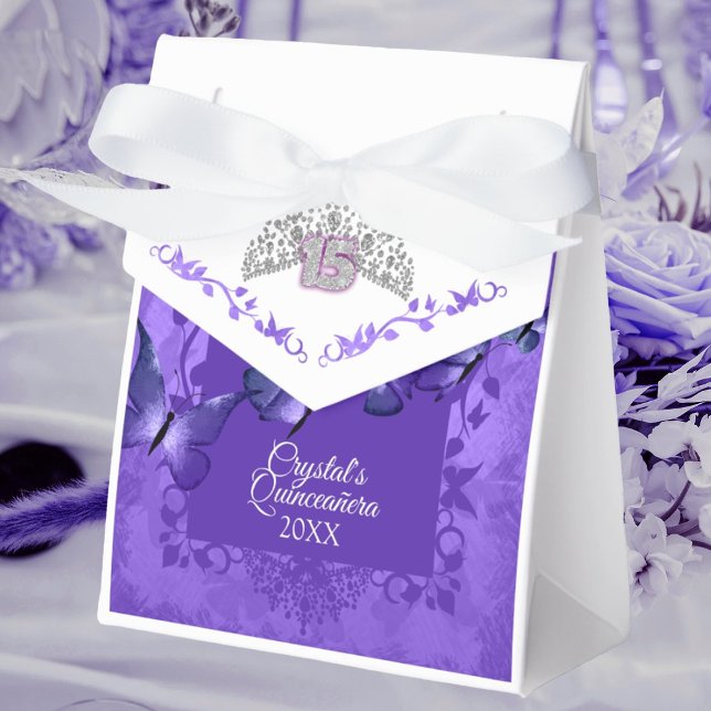 Purple Butterfly Quinceanera Ribbon Favor Box (purple silver crown tiara quinceanera party favor bag personalized gift bag purple butterflies)