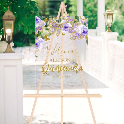 Purple Butterfly Quinceanera Welcome Acrylic Sign