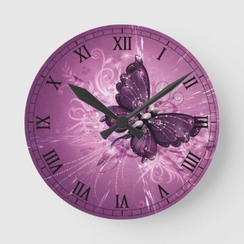 Purple Butterfly Round Clock by nonstopshop at Zazzle