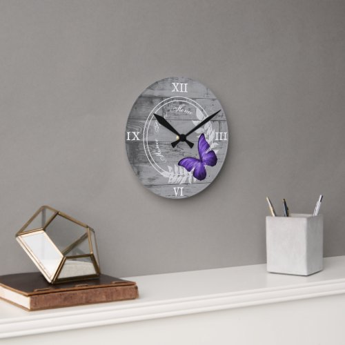 Purple Butterfly Rustic Acrylic Wall Clock