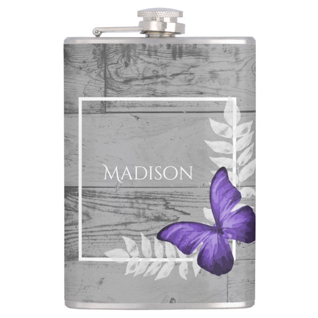 Purple Butterfly Rustic Flask (Front)