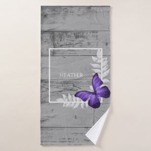 Purple Butterfly Rustic Personalized Bath Towel Set