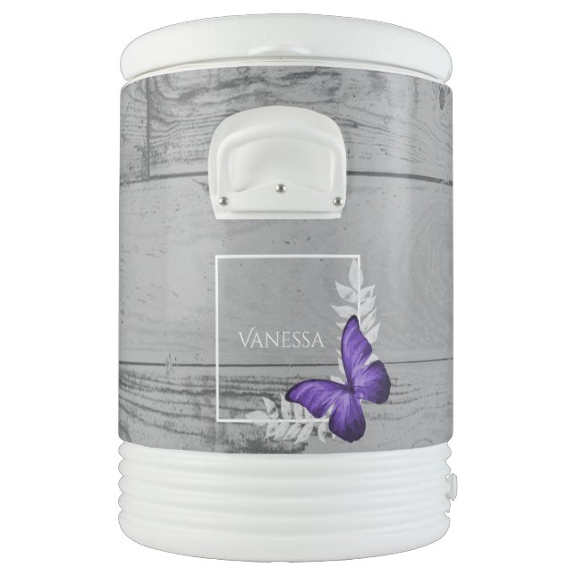 Purple Butterfly Rustic Personalized Beverage Cooler (Left)