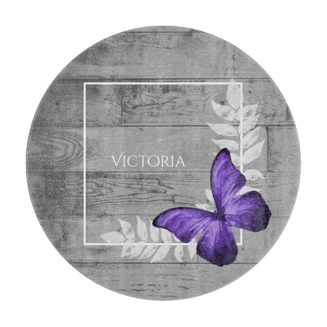 Purple Butterfly Rustic Personalized Cutting Board (Front)