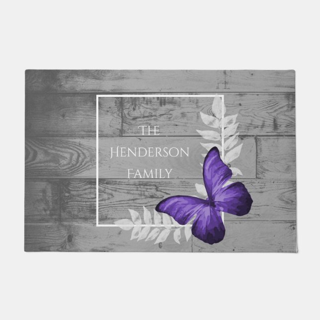 Purple Butterfly Rustic Personalized Doormat (Front)