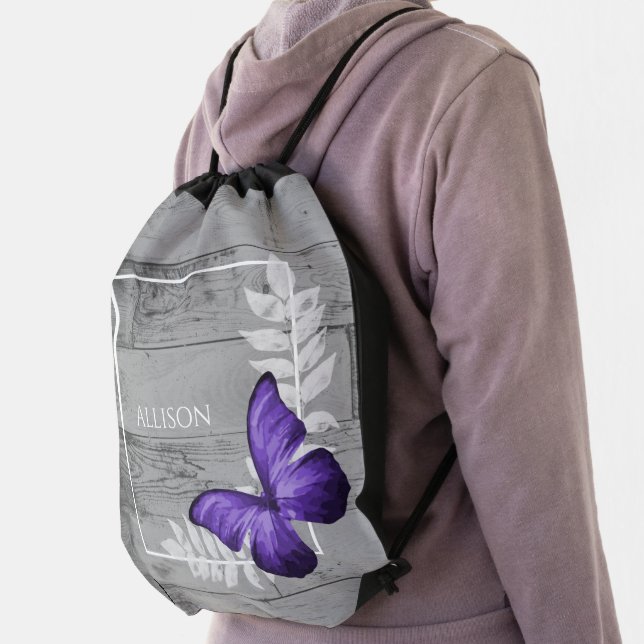 Purple Butterfly Rustic Personalized Drawstring Bag (Insitu)