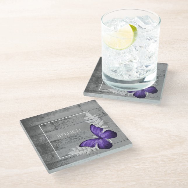 Purple Butterfly Rustic Personalized Glass Coaster (Angled)