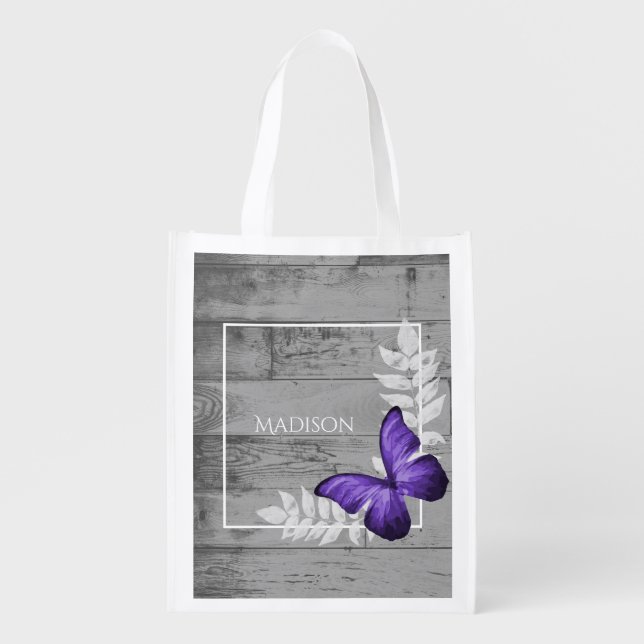 Purple Butterfly Rustic Personalized Grocery Bag (Front)