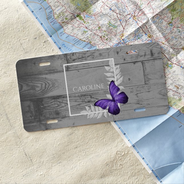 Purple Butterfly Rustic Personalized License Plate (In Situ)