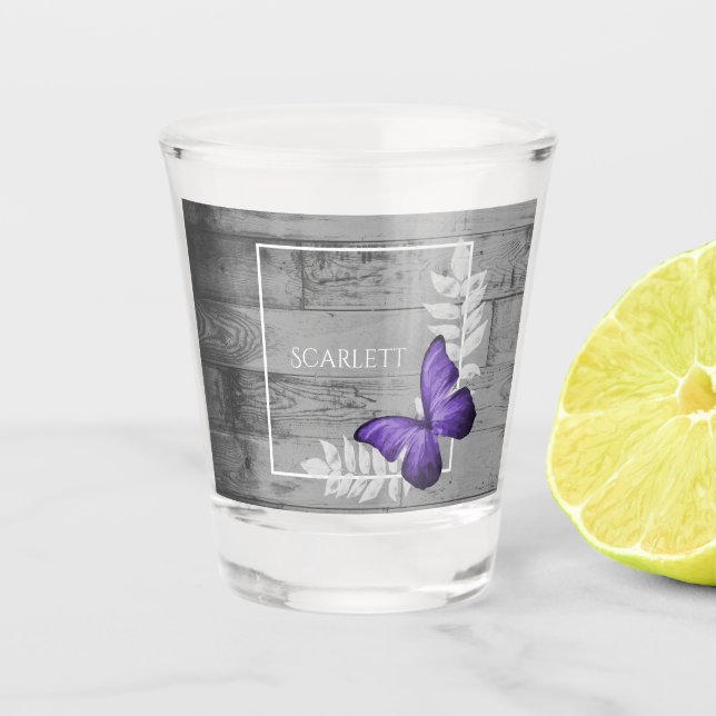 Purple Butterfly Rustic Personalized Shot Glass (Front)