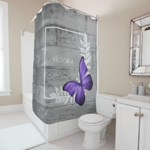 Purple Butterfly Rustic Personalized Shower Curtain