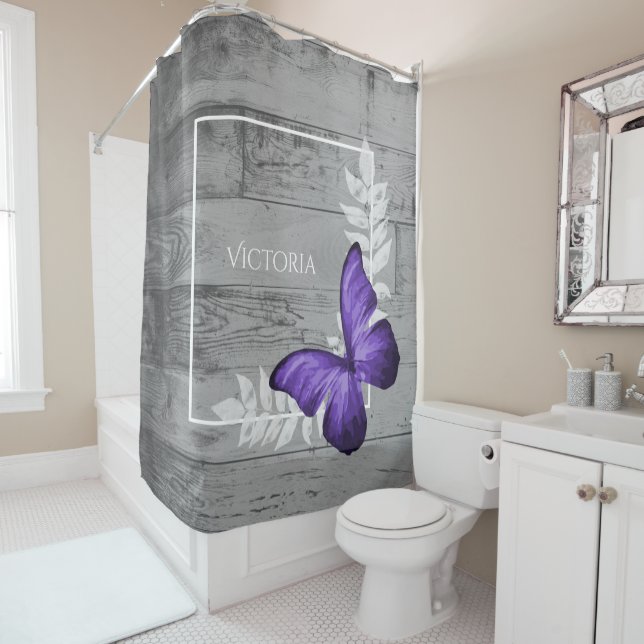 Purple Butterfly Rustic Personalized Shower Curtain (In Situ)