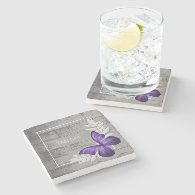 Purple Butterfly Rustic Personalized Stone Coaster (Side)