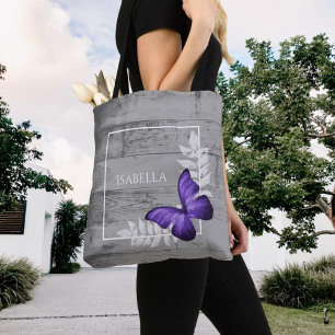 Purple Butterfly Rustic Personalized Tote Bag