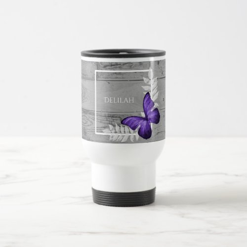 Purple Butterfly Rustic Personalized Travel Mug