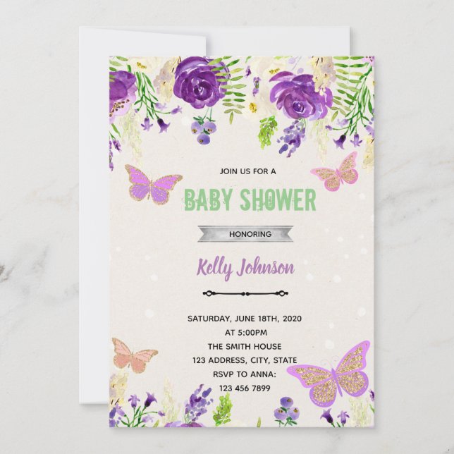 Purple butterfly shower birthday invitation (Front)