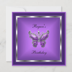 Purple Butterfly Silver Jewel Elegant Birthday Invitation