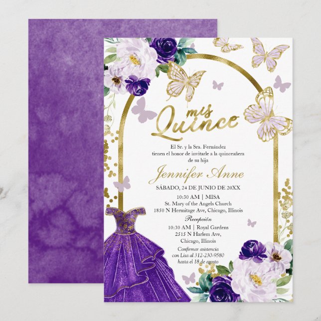 Purple Butterfly Spanish Quinceanera Invitations (Front/Back)