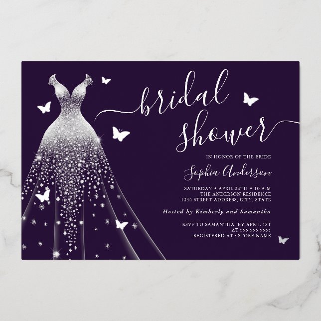 Purple Butterfly Sparkle Dress Bridal Shower  Foil Invitation (Front)